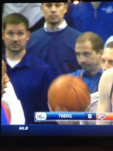 Kris Austin and Aaron Pogue courtside at the Oklahoma City Thunder vs. Philadelphia 76ers