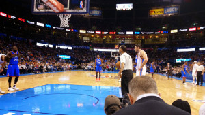 Kris Austin and Aaron Pogue courtside at the Oklahoma City Thunder vs. Philadelphia 76ers